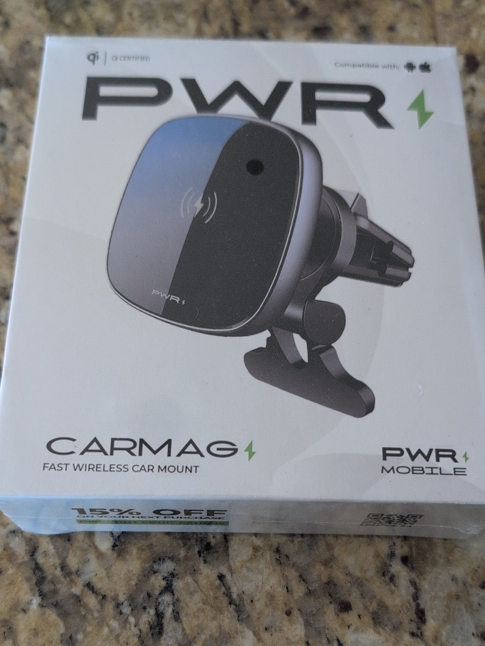 NIB PWR Mobile CARMAG Fast Wireless Car Mount 15W Qi Certified MagSafe Air Vent
